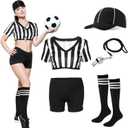 Cuffbow Women Referee Costume White and Black Stripe Ref Shirt Jersey Shorts Referee Hat Whistle for Football Soccer Cosplay (Large)