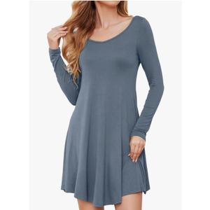 DEARCASE Women's T Shirt Dress Long Sleeve V-Neck Floral Print Casual Loose Flowy Swing Dresses L, Gray Blue