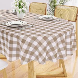 Smiry Oval Table Cloth, Waterproof Vinyl Tablecloths with Flannel Backing, Wipeable Buffalo Plaid Table Cover for Picnic, Indoor and Outdoor (Khaki & White, 60"x84")