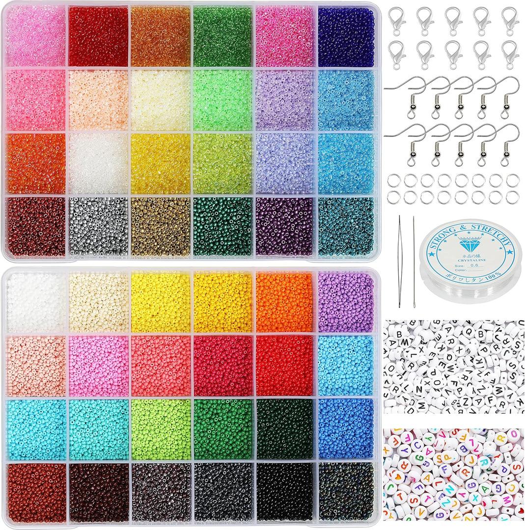 48000-Piece 2mm Seed Beads & Alphabet Beads Kit  12/0 Ultra-Fine Jewelry Making Supplies, Including Elastic String, Earring Hooks & Clasps  All-in-One DIY Craft Set for Bracelets & Necklaces