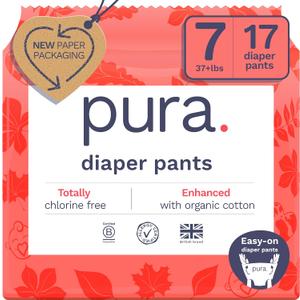 Pura Hypoallergenic Diaper Pants Size 7 (37+ lbs) Overnight, up to 12 Hours Leak Protection, Suitable for Sensitive Skin, Totally Chlorine Free, Soft Organic Cotton, 1 Pack of 17 Pull Up Pants