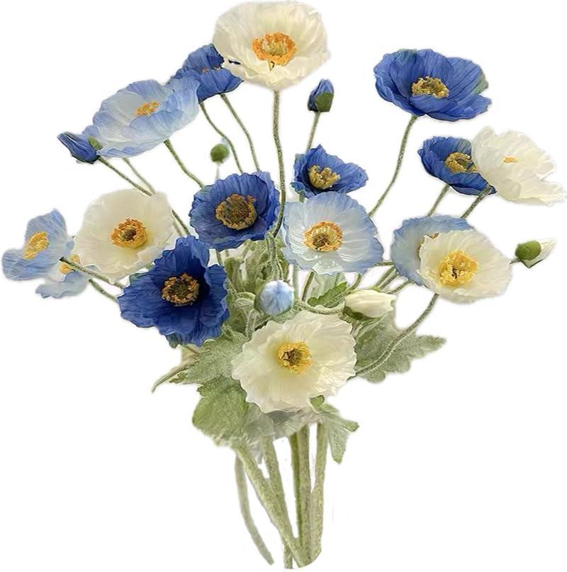 6pcs Artificial Poppy Flowers Silk Fake Poppy Flowers with Stems Faux Spring Flowers Real Touch Flowers for Home Table Centerpieces Floral Arrangement Wedding Bouquet Mixed Decoration (Blue-white)
