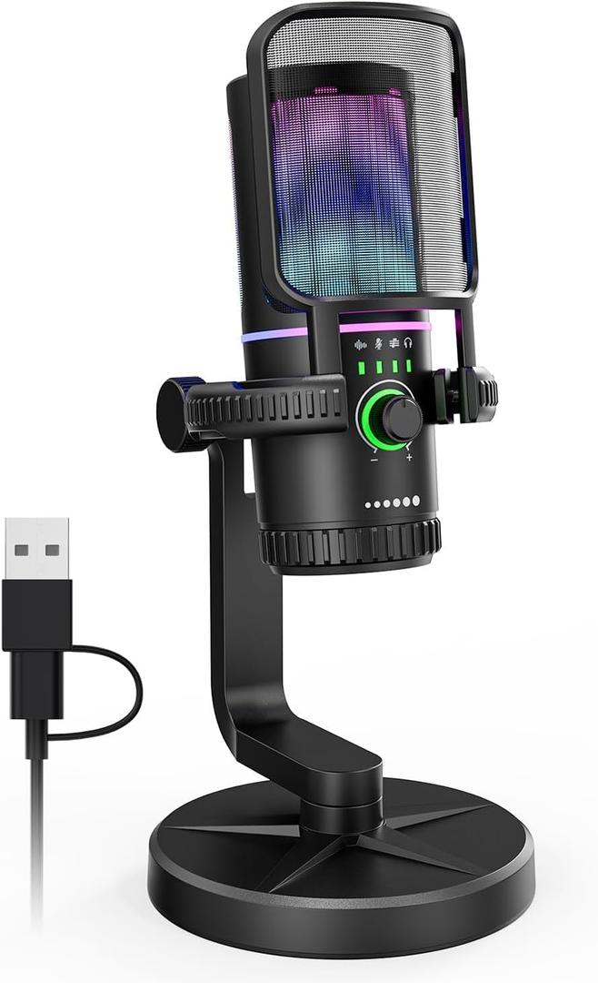SINWE Gaming Microphone with Noise Cancelation & Gain Control- USB PC Mic for Streaming, Gaming, Podcasts, PC, PS4 -Includes Pop Filter, Shock Mount, Quick Mute & RGB Lighting