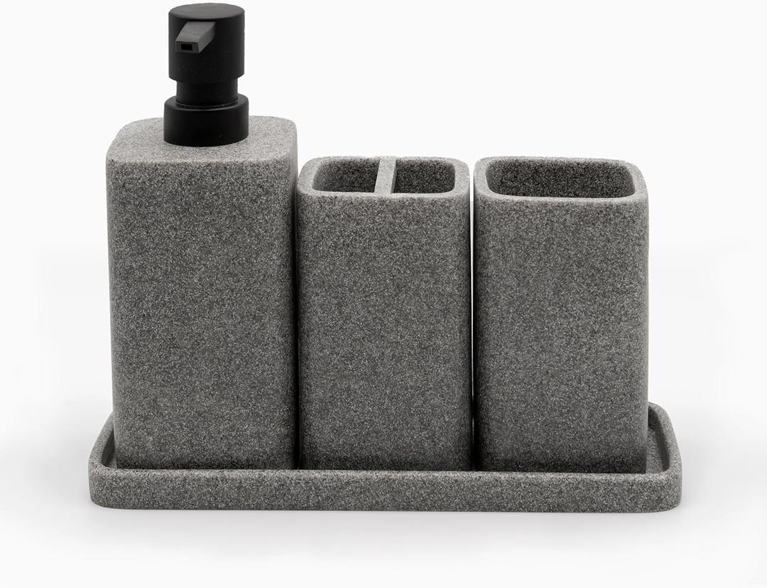 ZCCZ Grey Bathroom Accessory Sets, 4 Pieces Bathroom Accessories Complete Set Vanity Countertop Accessory Set, Includes Lotion Dispenser Soap Pump, Tumbler, Toothbrush Holder and Tray (Gray)