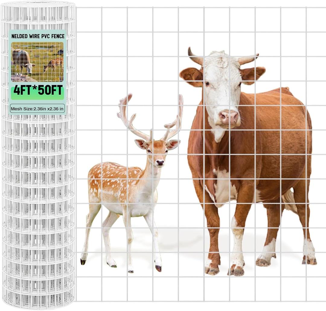 Gisafai 16 Gauge Galvanized Welded Wire Fence 4 ft x 50ft PVC Coated Hardware Cloth, 2.36" x 2.36" Mesh, Heavy Duty Garden Fencing Roll for Chicken, Dog Yard, Deer Cattle & Animal Protection(White)