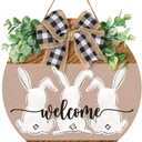 Whaline Easter Wooden Hanging Sign Bunny Rabbit Welcome Sign Door Decoration with Bow Rustic Easter Wood Wreath Sign for Spring Holiday Home Coffee Shop Bakery Farmhouse Window