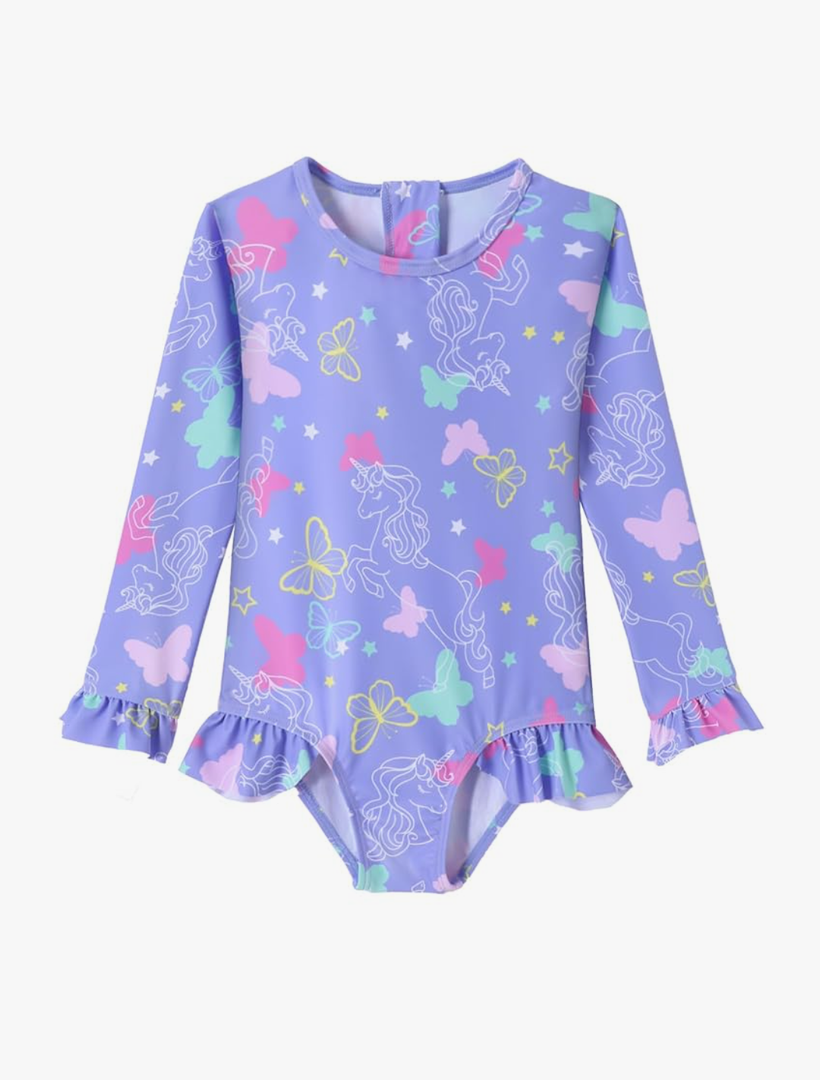Girls One Piece Swimsuits Long Sleeve Ruffle Zipper Bathing Suit Cute Kids UPF 50+ Rashguard Swimwear 1-6 Years Size 120