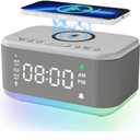 Alarm Clock Speaker Wireless Charger, Digital Alarm Clocks Bedrooms Bluetooth, Alarm Clock Dimmable Light Bedrooms Dual Alarm Snooze Dimmer 12 24H RGB Night Light Bluetooth USB AUX, Gray