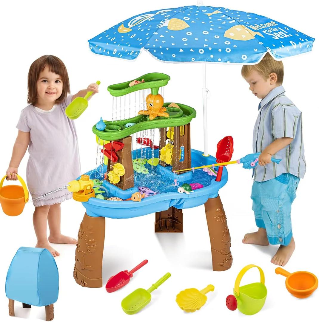 Water Table for Toddlers 3-5 with Umbrella Outdoor Toys for Kids Ages 4-8 3-Tier Kids Sand Water Table with Fishing Game Set Activity Sensory Table Summer Gift Beach Outside Toys for Toddlers