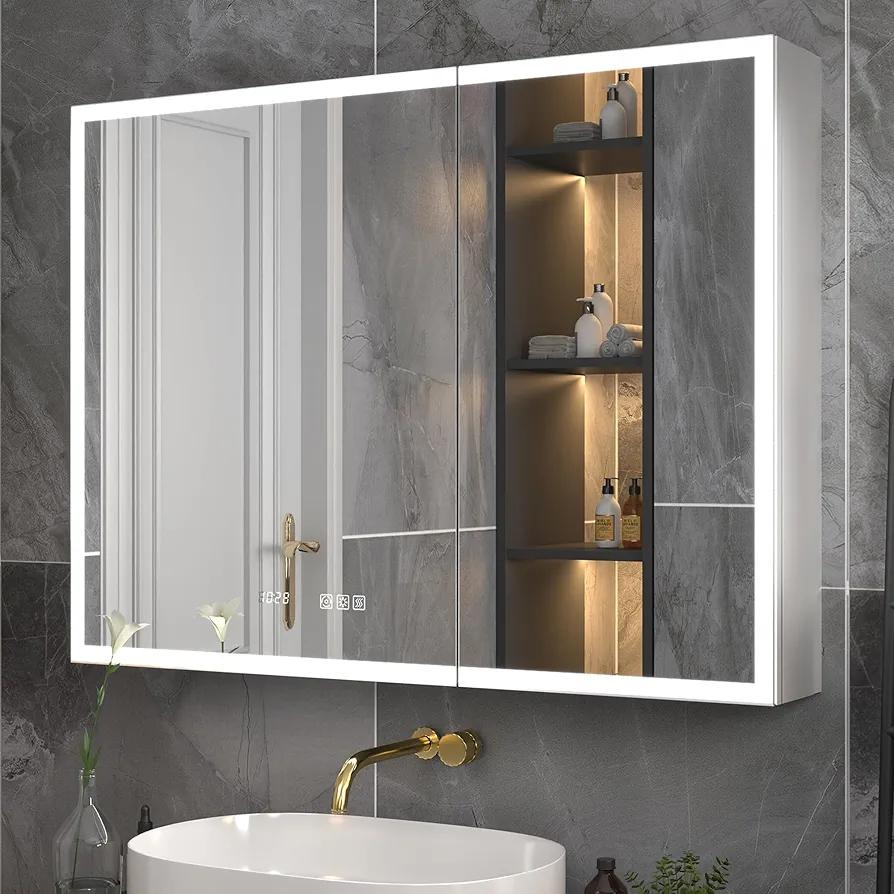 ExBrite 40"x30" Lighted Medicine Cabinet, Recessed/Surface LED Mirror Cabinet with Clock & Temp Display, Defog, Stepless Dimming, 3-Color Temp, Built-in Dual 1800W Power Outlets & 6000K Sensor Light