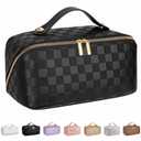 ALEXTINA Large Travel Makeup Bag Makeup Organizer with Collapsible Handle, Waterproof Cosmetic Bag for Women, Open Flat Toiletry Bag for Travel Essentials & Travel Size Toiletries,Khaki