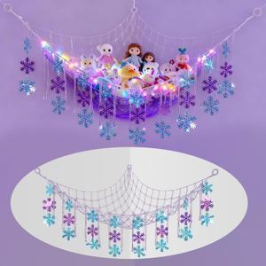 Winter Snowflake Stuffed Animals Hammock Net with LED Light Nursery Winter Room Decor Snowflake Plushie Ceiling Net Toy Storage Organizer Blue Purple Wall Hanging for Bedroom Nursery Playroom