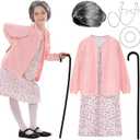 VICAMB Old Lady Costume,100 Days of School Costume for Grandma Outfit Nightgown Wig & Accessories 5-7Y