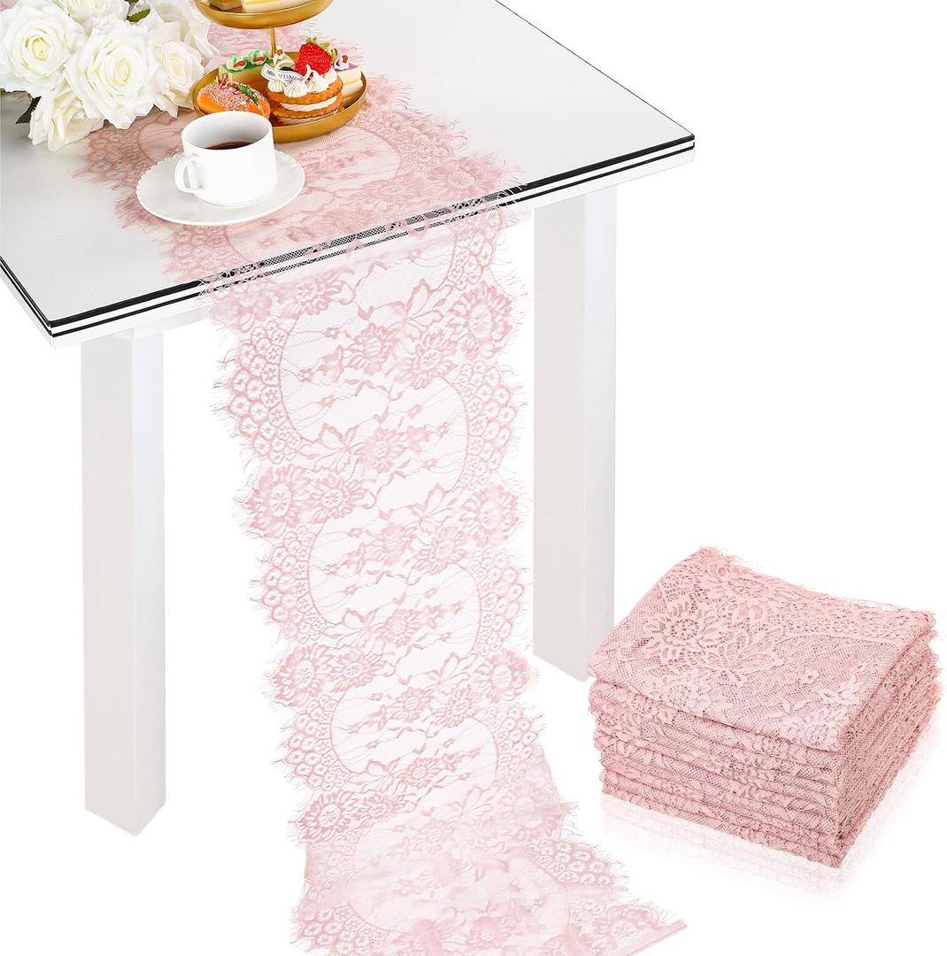 Newwiee 10 Pcs Rose Pink Lace Table Runner 14 x 120 Inch Embroidered Floral Cloths Romantic Table Runner for Wedding Bridal Shower Birthday Party Decorations