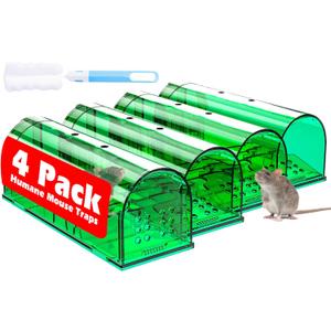 4 Pcs Humane Mouse Traps Indoor for Home, Live Mouse Trap, Reusable Mice Trap Catcher for House & Outdoors (01-Green(4Pack))