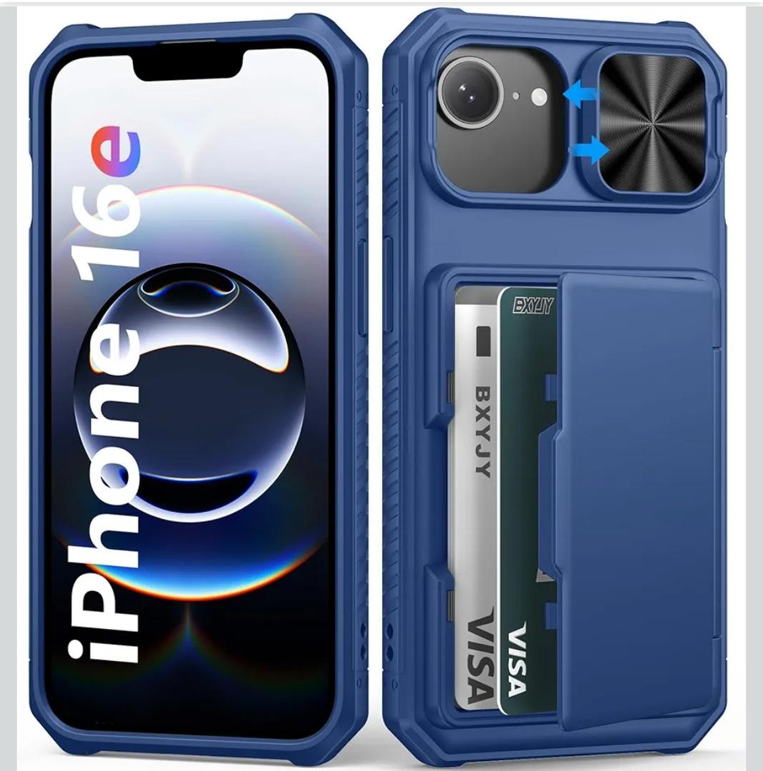 for iPhone 16e Case with Card Holder (4-5 Cards), RFID Block, Slide Camera Cover, Military Grade Protection, Durable Shockproof Heavy Duty Rugged Women Men Wallet Phone Case for iPhone 16e, Blue