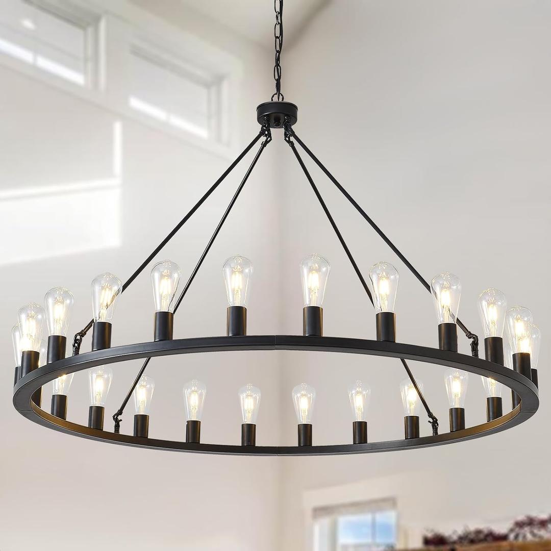 HHR 48" Gold Wagon Wheel Chandelier 24-Light Modern Farmhouse Chandelier, Black