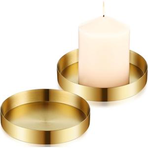 2 Pack Round Gold Trays Small Brass Tray Round Metal Candle Dish Stainless Steel Jewelry, Make Up, Candle Plate Decorative Tray for Bathroom Kitchen Dinning Coffee Table Decoration,4.9 Inch