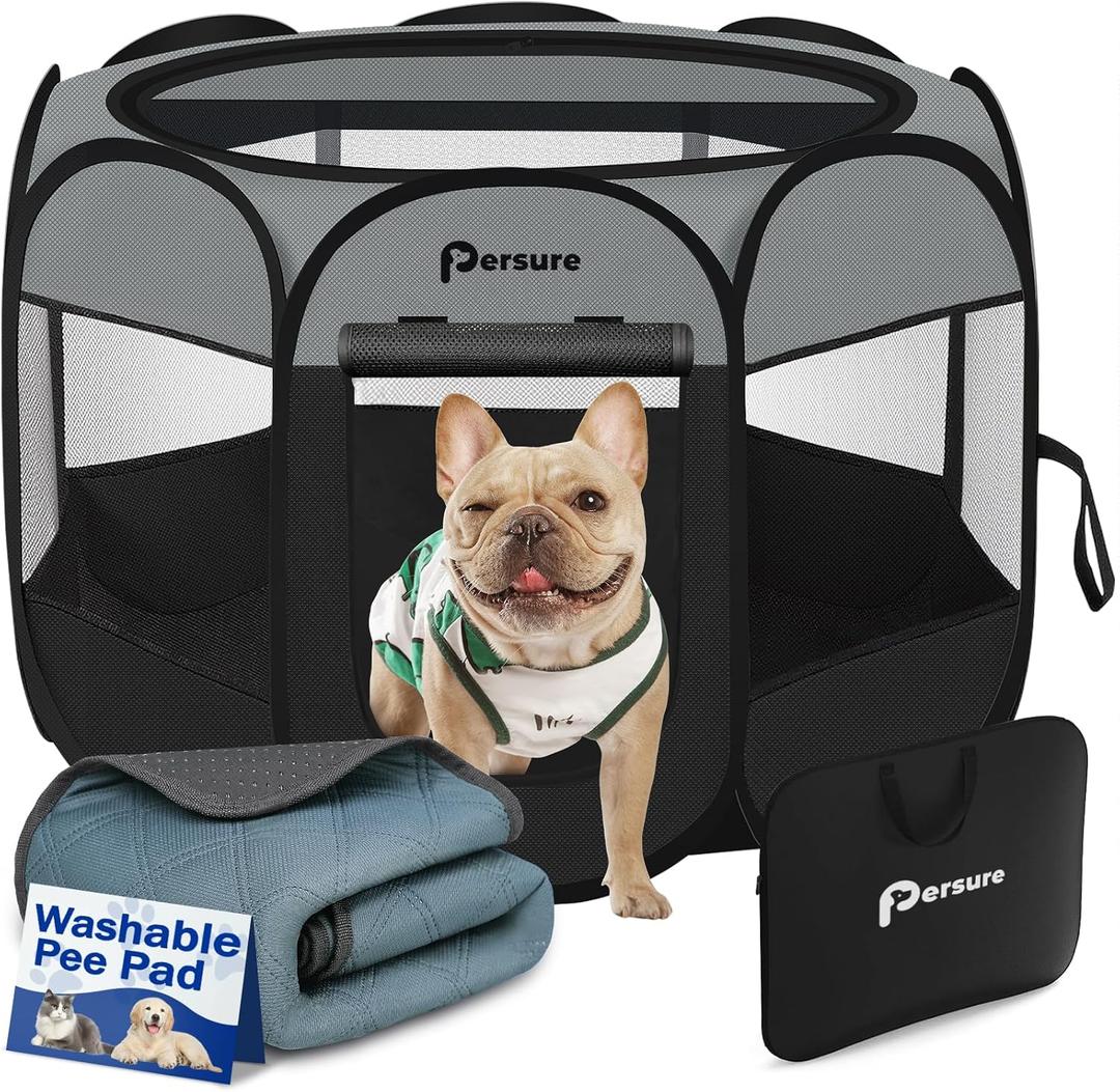 Dog Cat Playpen Indoor Outdoor for Puppy Pet Dogs Cat Recovery After Surgery, Dog Tent Crates Cage Indoor/Outdoor, Portable Pop Up Dog Kennel with Carrying Case for Travel (Dark Grey, Small with Pad)