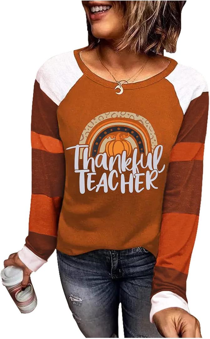 MOUSYA Thankful Blessed T-Shirt Thanksgiving Colorful Turkey Tshirt Women 3/4 Sleeve O-Neck Striped Splicing Tops Tees (Brown, S)