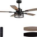 52 Inch Ceiling Fans with Lights and Remote Control, Farmhouse Ceiling Fan with LED Lighting for Bedroom Living Room and Patio, Black Caged Ceiling Fan for Indoor and Outdoor(NO Bulbs)