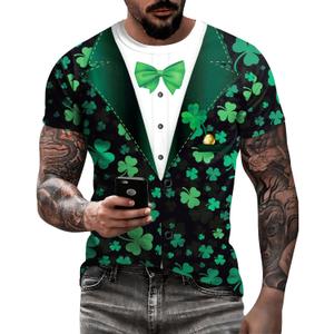 Eciodci Men's St Patricks Day T-Shirts Novelty 3D Printed Shamrock Tuxedo Tees Shirt Clover Leaves Casual Short Sleeve Shirts (XX-Large, Green 7)