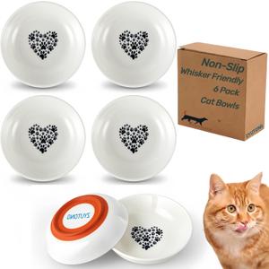 Ceramic Cat Bowl Whisker Friendly, Non-Slip Cat Food Bowls 6-Pack | Whisker Fatigue Cat Dishes, Shallow Wide Cat Plate, Lead-Free, Silicone Base, Microwave Dishwasher Safe, Wet Dry Food Water