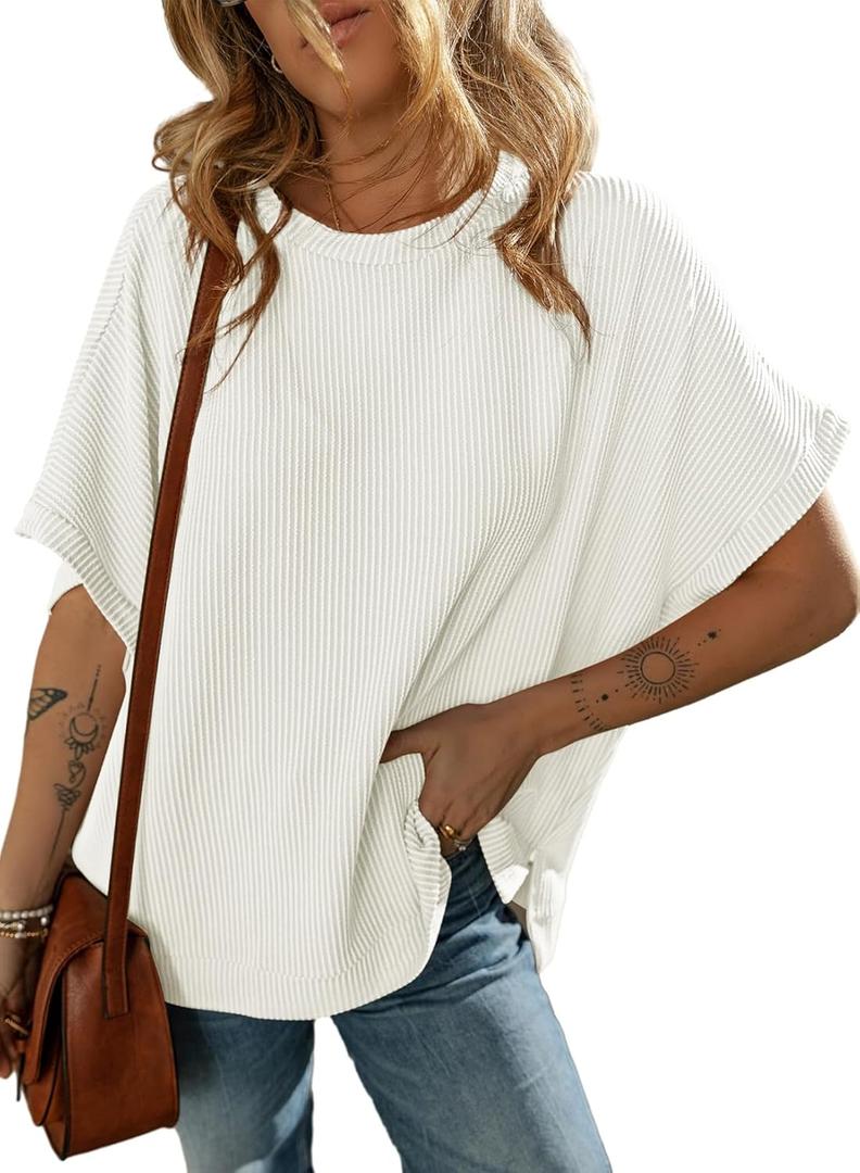 Dokotoo Womens Ladies Oversized T Shirts for Women 2025 Fahion Short Sleeve Crewneck Tunic Texture Knit Tops Casual Solid Summer Loose Fitting Trendy Slouchy Tee Shirts White X-Large