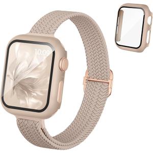 Slim Braided Stretchy Band and Case Compatible for Apple Watch Bands Women 40mm 41mm 42mm 44mm 45mm 46mm, Thin Nylon Solo Loop Protective Cover and Screen Protector for iWatch Series 11/10/9/8/7/6/5/4