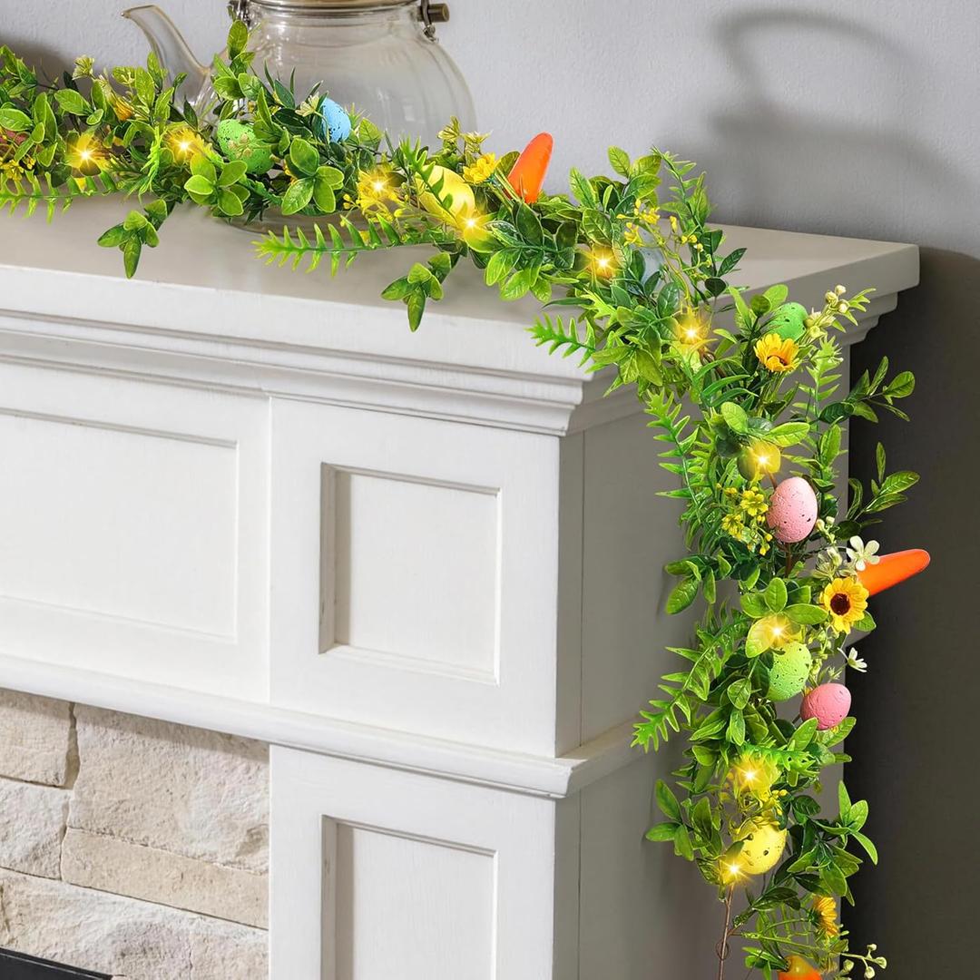 6FT Easter Garland - Artificial Spring Vine with Easter Eggs, Flowers & Carrots - Rustic Floral Decor for Mantle, Arch, Home Table, Tree, Fireplace - Indoor/Outdoor Holiday Party Decorations