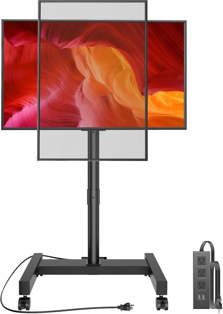 Perlegear Rolling TV Stand with Power Outlet for 26-50 inch TVs up to 55 lbs, Tilting Mobile TV Cart Portrait to Landscape, 8 Height Settings, Mobile TV Stand with Wheels, Max VESA 300x300mm, PGTVMC19