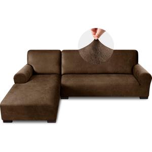 Sectional Couch Covers, Leather Look Sofa Cover L Shape 2PCS Soft Stretch Slipcover for Sectional Sofa, Non Slip Furniture Protector (3 Seat Sofa + 3 Seat Right Chaise, Dark Brown)