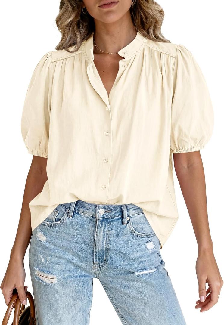 Tankaneo Womens Puff Sleeve Button Down Shirts Cotton Pleated Loose Fit Tops Summer Dressy Casual Blouses (Beige, S)