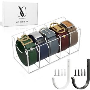 Acrylic Belt Organizer for Closet with Removable Dividers- 2 Wall Hooks for Hanging Towel- 5 Compartments & Handles Drawer Organization and Storage for Purse, Underwear, Socks & Ties (3 Pcs)