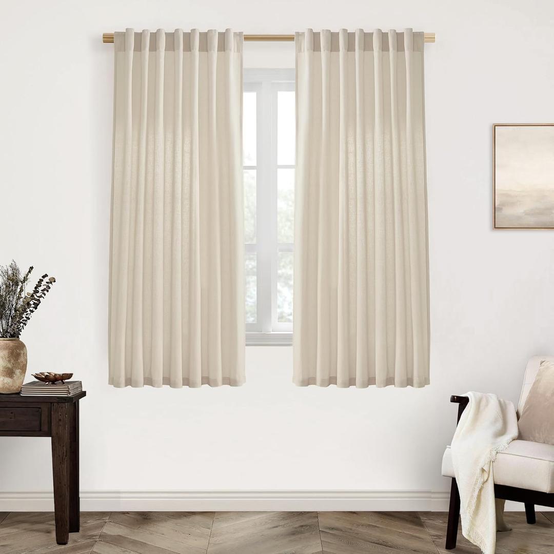 XTMYI 63 Inches Long Beige Country Curtains for Living Room,Sheer Linen Curtains for Bedroom (50"W x 63"L (Pack of 2))