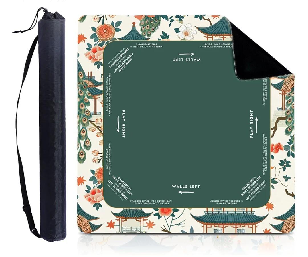 Foilswirl Peacock Mahjong Table Mat Floral Peacock, Ships Rolled33" x 33", Green Chinoiserie Peacock, Non-slip Noise Reduction Carrying Bag for Poker Board Card Games Dominoes