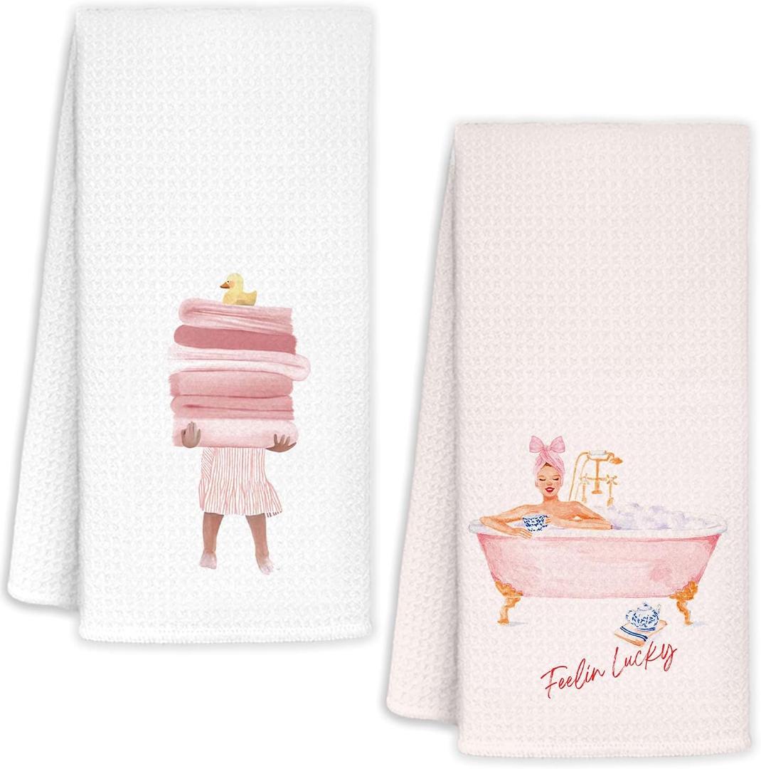 Pink Cute Hand Towels for Bathroom Set of 2, Preppy Light Pink Cute Hand Dish Towel 16x24 Inch for Kitchen Bathroom Accessories Girly, Preppy Bathroom Decor