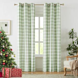Amzdecor Christmas Buffalo Plaid Grommet Curtains 84 Inch Length, Green Semi-Sheer Gingham Check Farmhouse Rustic Textured Curtains Drapery for Living Room Bedroom,2 Panels 40" x 84",Green & White
