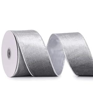 DINDOSAL Silver Velvet Ribbon Wired 2.5" x 10 Yards Crushed Silver Christmas Wired Ribbon for Gift Wrapping, Christmas Tree Decoration, Wreaths, Bows, Crafts, Home Decor, Door swags