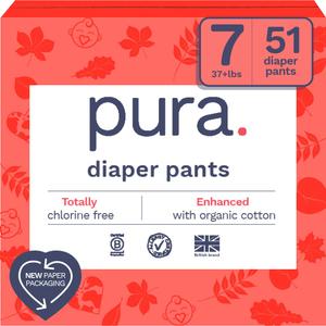 Pura Hypoallergenic Diaper Pants Size 7 (37+ lbs) Overnight, up to 12 Hours Leak Protection, Suitable for Sensitive Skin, Totally Chlorine Free, Soft Organic Cotton, 3 Packs of 17 (51 Pull Up Pants)