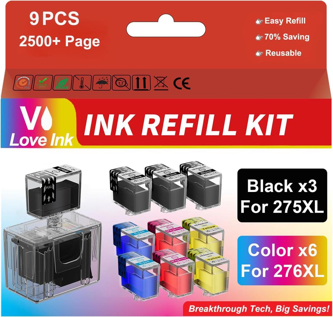 275XL 276XL Ink Refill Kit for Canon 275 and 276 Ink Cartridges for Canon PIXMA TS3722 TR4700 TR4720 TR4722 TS3522 TS3500 TS3520 TS3700 TS3720, 9 Pack (3BK/2C/2M/2Y)