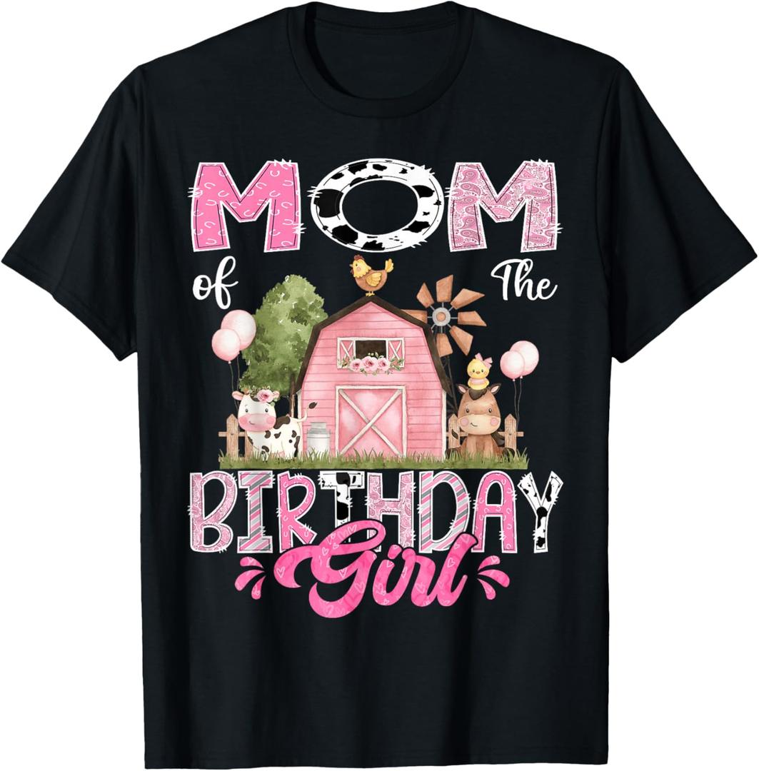Mom Of The Birthday Girl 1St Birthday Pink Cow Farm T-Shirt (Black, XL)