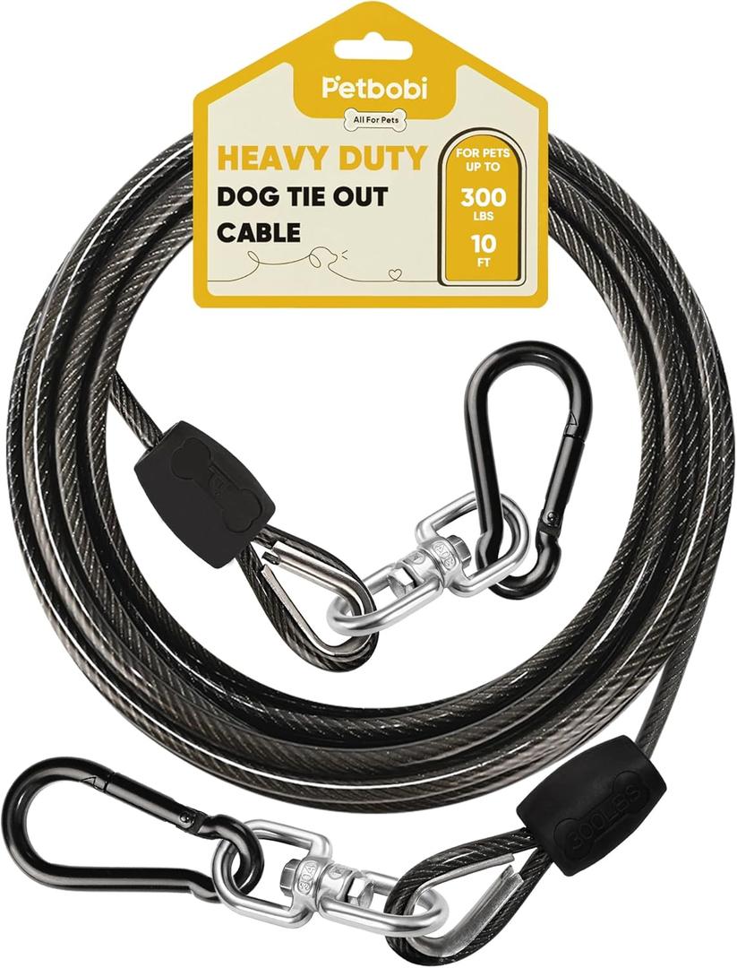 Petbobi Heavy-Duty Dog Tie-Out Cable - 10FT Extra Strong Wire Cable for Large Pets Up to 300Lbs, Rust Proof Dogs Leash with Carabiners and 360 Swivel, Pet Leads for Yard Camping Outside, Black