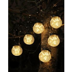 Solar Lanterns Solar Lights Outdoor Waterproof 6-Pack, Solar Powered Hanging Lights Cracked Glass Hanging Globes for Christmas Decoration, Shepherd Hook, Garden Tree Ornaments (Black Cap Warm White Light)