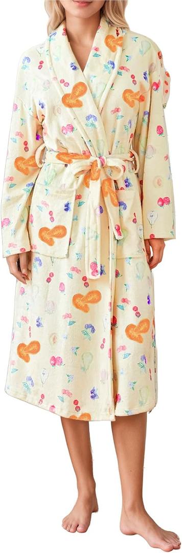 Women Fleece Fruit Print Robe Cute Robes for Women Spring Summer Lightweight Bathrobe Soft Flannel Gown with Belt, Large