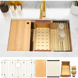 LQS Gold Kitchen Sink, 32 Inch Undermount Kitchen Sink, 32 x 19 Workstation Sinks Undermount, 16 Gauge Stainless Steel Kitchen Sink with Accessories