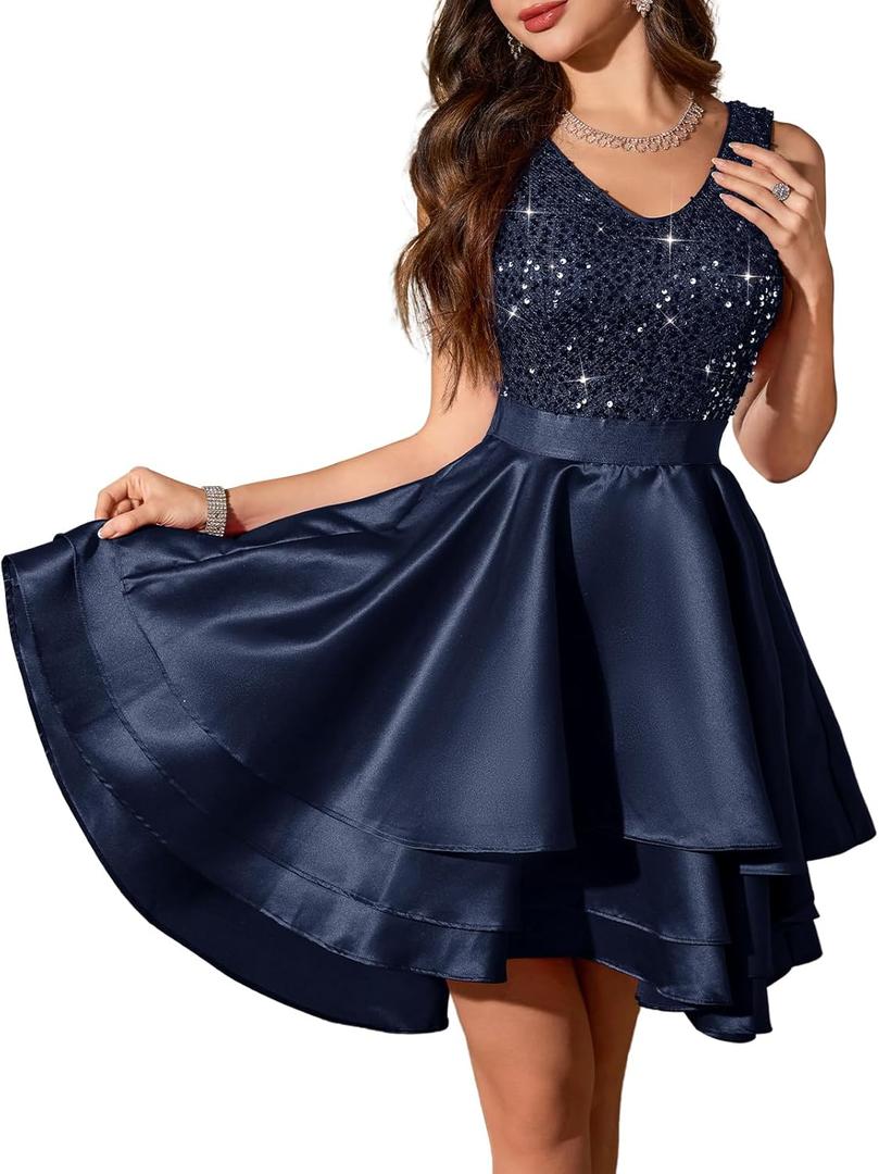 Meetjen Womens Sparkly Homecoming Dresses for Teens Short Sequin High Low Formal Prom Dress Cocktail Party Wedding Guest (Medium, Navy)