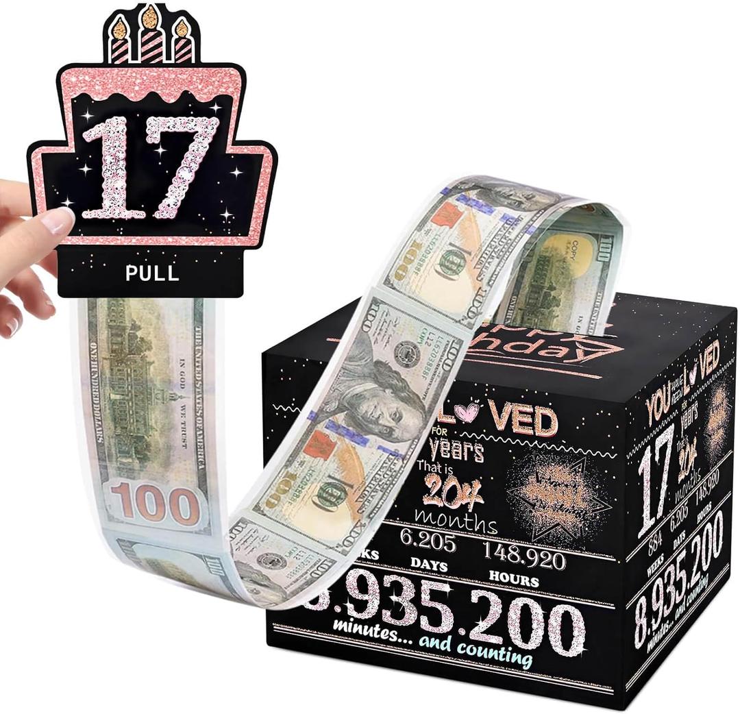 3 x Money Gift Box, 17th Birthday Decorations For Girls, Birthday Gifts For 17 Year Old Girl With 100Pcs Transparent Bags - Black & Rose Gold