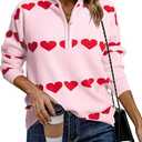 Heart Sweater for Women V Neck Valentines Sweatshirt Quarter Zip Pullover Ribbed Knitted Sweaters Loose Slouchy Tops, 2XL