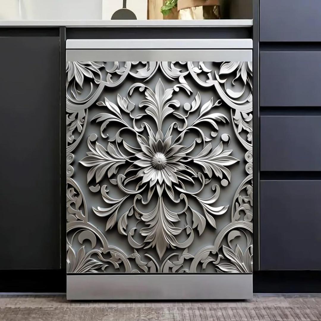 Silver Metal Texture Grey Carving Magnetic Dishwasher Decor,Carving Flower Dishwasher Sticker,Vintage Carve,Fridge Magnet Metal Carving Pattern Kitchen Decal 23x26 inch Silver Metal Texture Grey Carving Magnetic Dishwasher Decor,Carving Flower Dishwasher Sticker,Vintage Carve,Fridge Magnet Metal Carving Pattern Kitchen Decal 23x26 inch